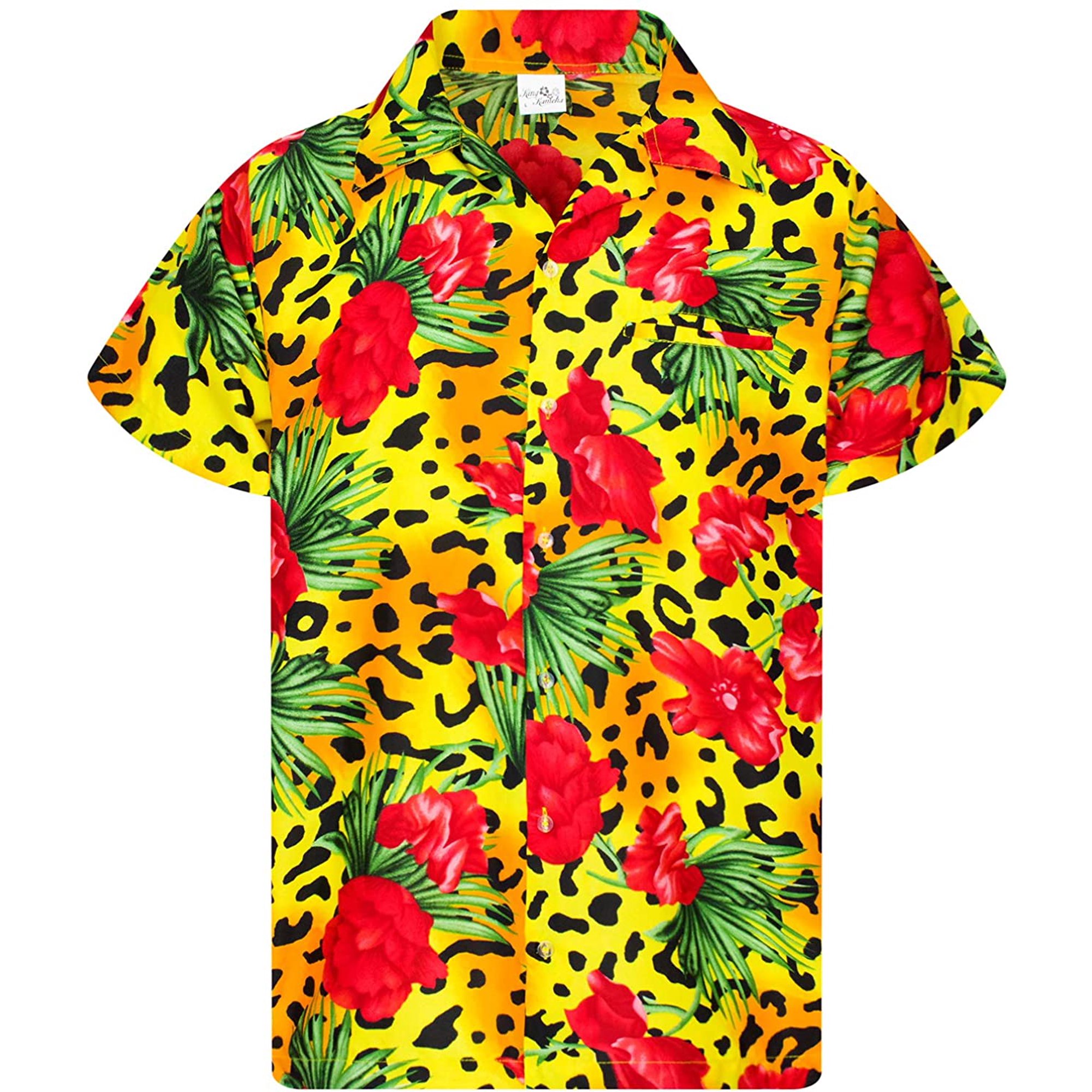 AIMTYD Hawaiian Shirt for Men Funky Casual Button Down Very Loud  Shortsleeve Unisex Leopard Flowers Leopard Flowers Yellow 6X-Large