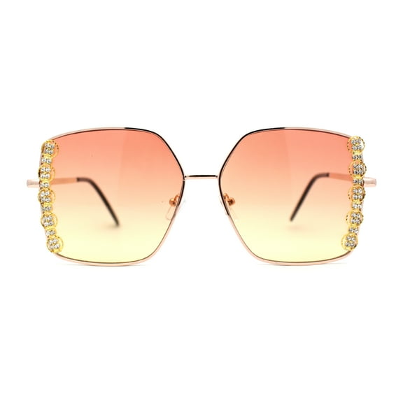 Womens Intricate Rhinestone Jewel Trim Metal Oversized Sunglasses Gold Orange Yellow