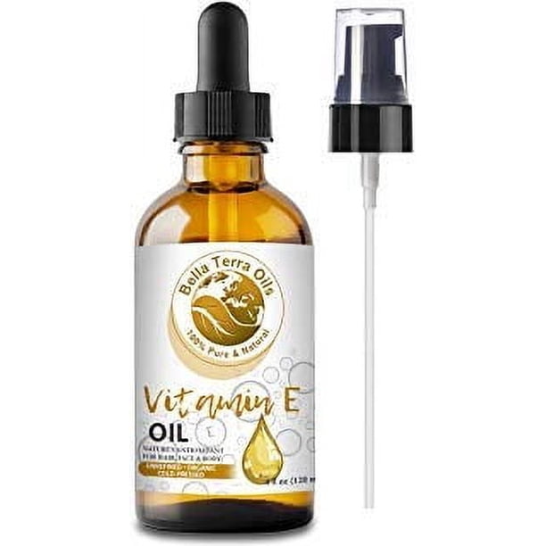 Bella Terra Oils - Aceite de vitamina E orgánico 4oz - Revelando la excelencia de vitamina orgánica del germen de trigo orgánico rico en D-alfa tocoferol y ácidos grasos Esencia de nutrición de la pie
