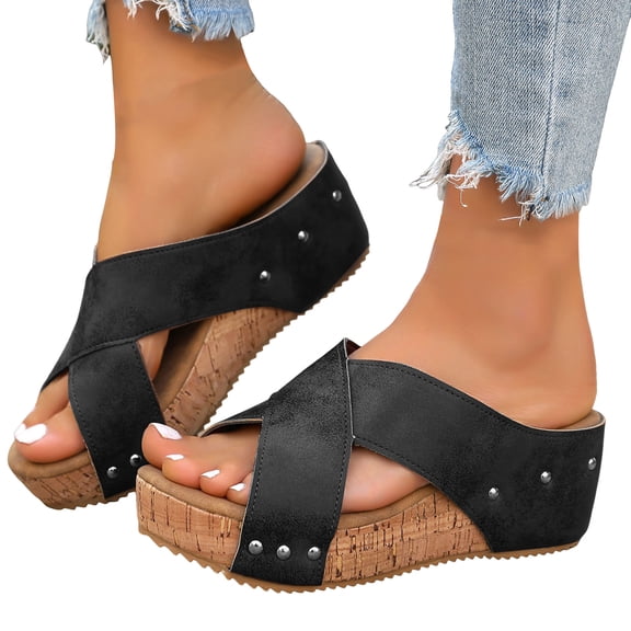 Womens Platform Sandals Comfy Cork Footbed Casual Strappy Platform Slip on Slides Nonslip Chunky Sole Summer Slippers Black Size 7.5
