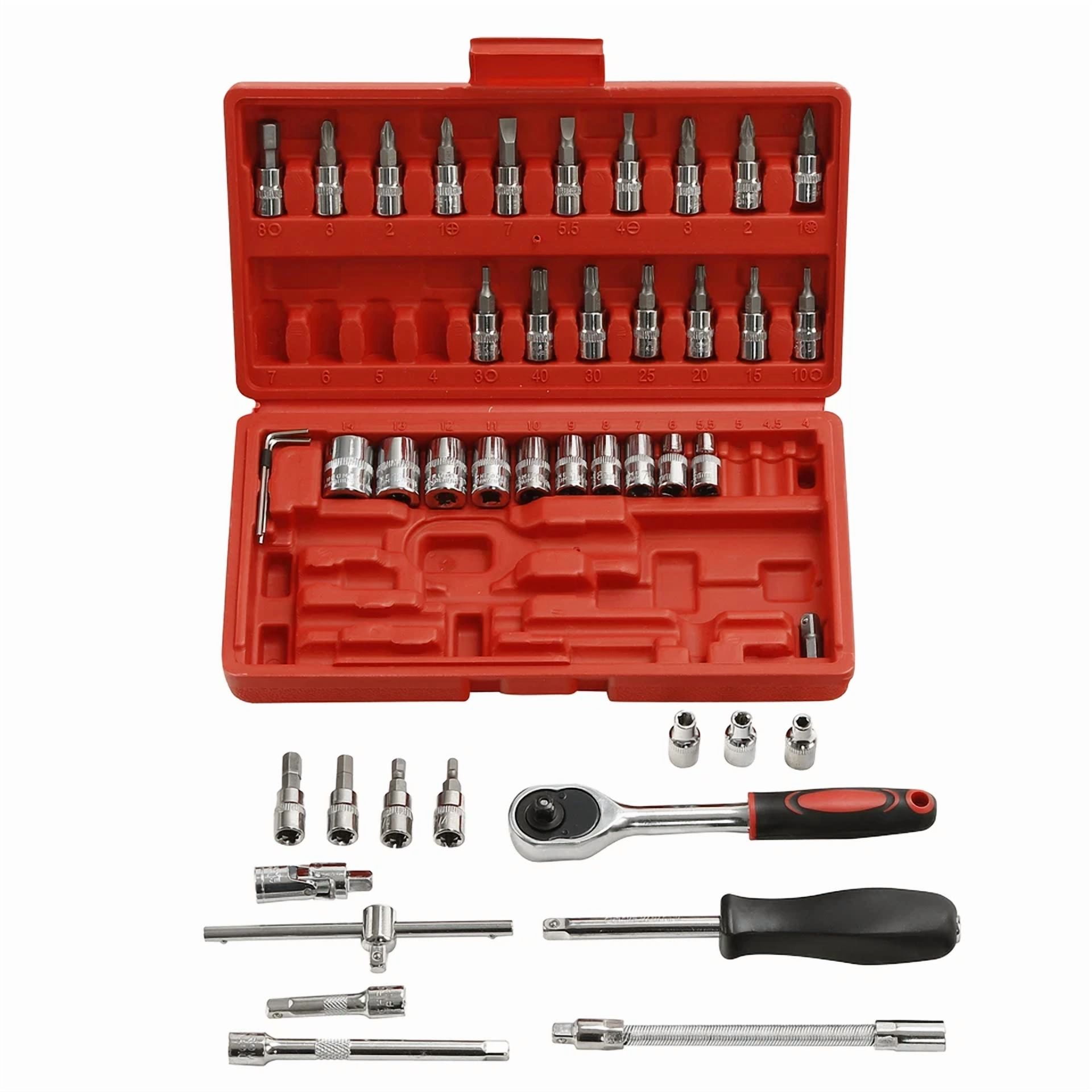 CRESTIN- 46Pcs 1/4"Socket Ratchet Wrench Set Mechanical Tool Kit For Household Car Repair