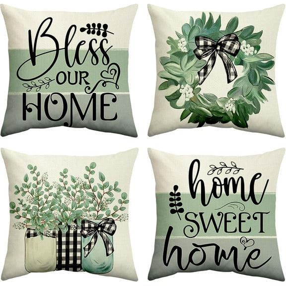 Spring Green Summer Buffalo Plaid Throw Pillow Covers 18x18 Home Sweet Home Farmhouse Decorative Cushion Case for Couch Sofa Outdoor Living Room Set of 4