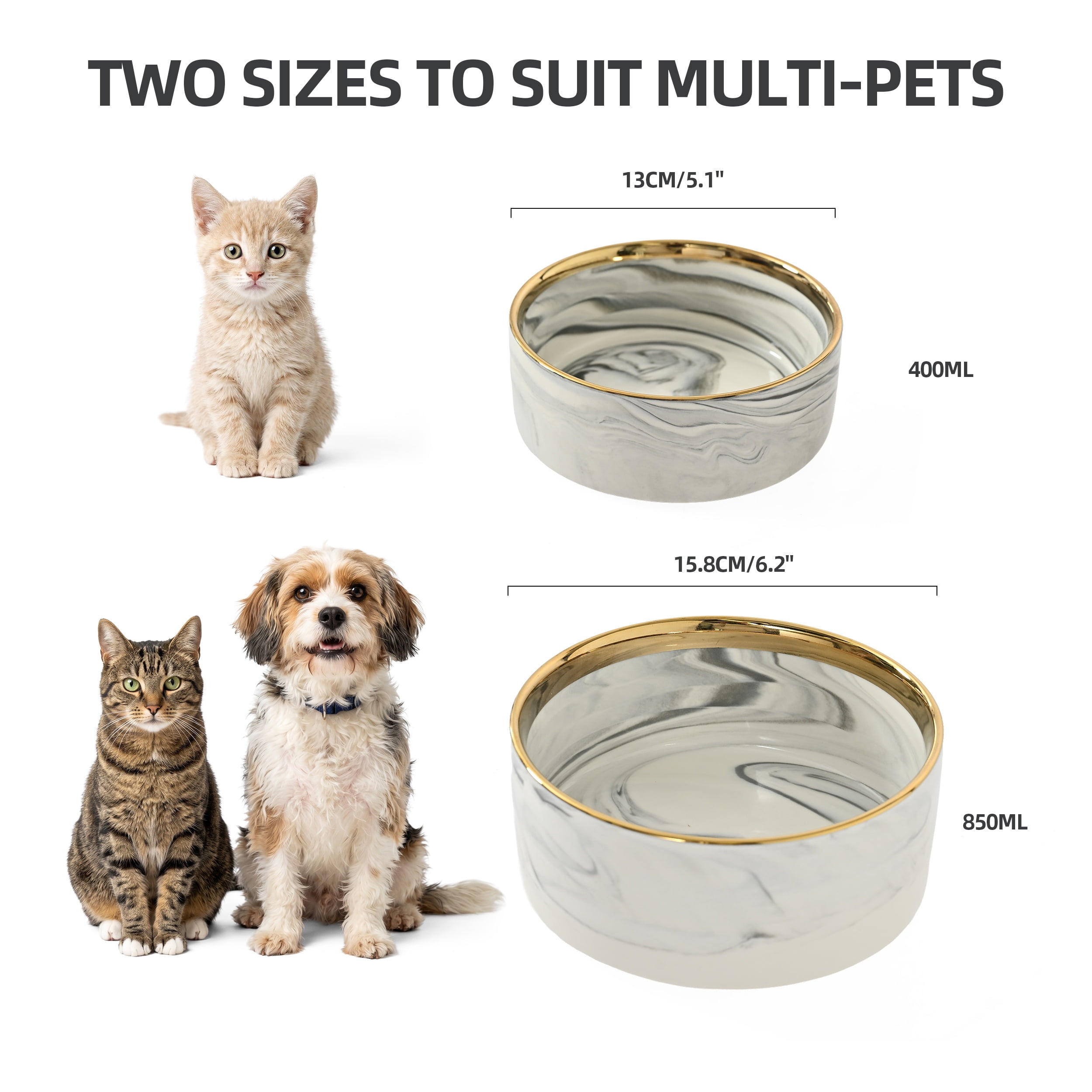 Max & Marlow Ceramic Dog Bowls Set of 2 with Gold Rim, Non-Slip Pet Food & Water Bowls for Small to Medium Dogs, 400ML & 850ML Capacity