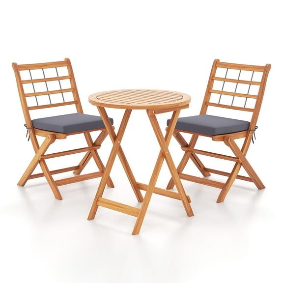 Gymax 3 PCS Acacia Wood Patio Bistro Set Folding Table & Chairs Set w/ Cushions