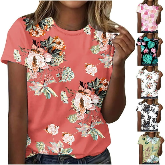 Fesfesfes Activewear for Womens Fashion Short Sleeve Retro Round Neck Printed Loose Tops Blouse Short Sleeve Shirt XL(US:10)