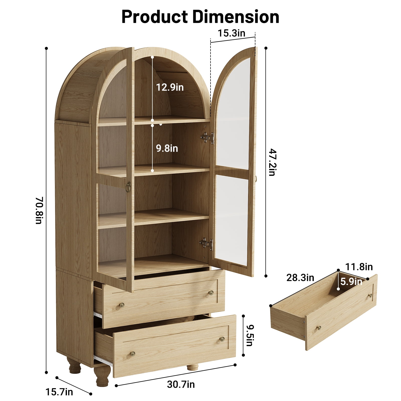 IDEALSOUL Arched Kitchen Pantry Cabinet, 71" Tall Wood Storage Cabinet with 2 Glass Doors, 4 Shelves and 2 Drawers, Food Cabinet for Kitchen, Living Room, Bedroom(Wood color)