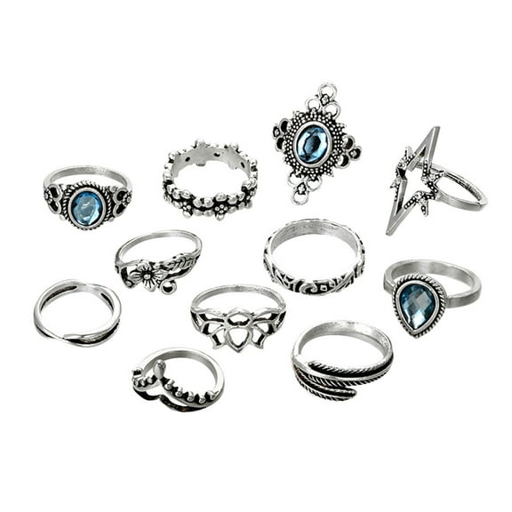 Rings for Women Womens 11pcs/Set Bohemian Vintage Silver Stack Ring Above Knuckle Blue Ring Set Gifts