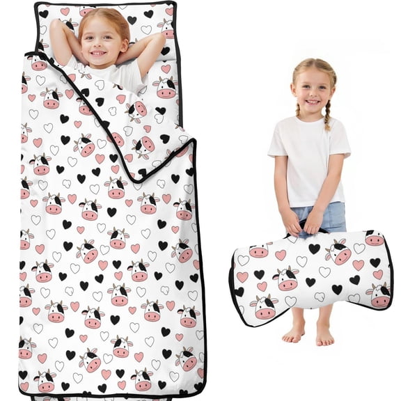 Cow and Heart White Pattern Toddler Nap Mat with Pillow & Blanket, Soft Sleeping Mat for Preschool Daycare Travel Sleepovers