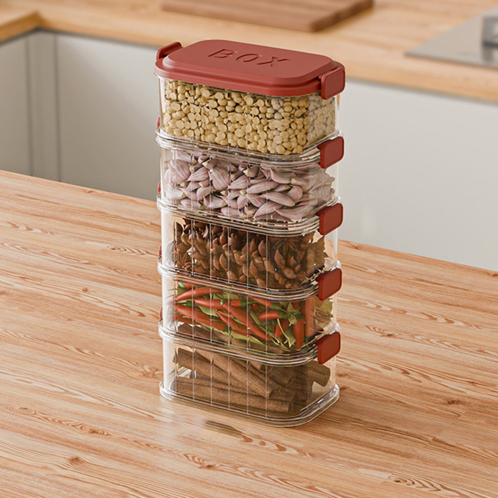 Stackable Spice Storage Box, Multi-layer Sealed Spice Organizer, Travel Spice Containers and Camping Spices Kit, With Clear Compartments for Kitchen Spices,Cereal,Condiments with Lid (Red, 5Layers)