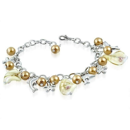 Dolphin Italian Charm Bracelet CLEARANCE - Sea Glass Dolphin Charm and Bead Bracelet ~ Three Colors to Choose Treasure Gold ()