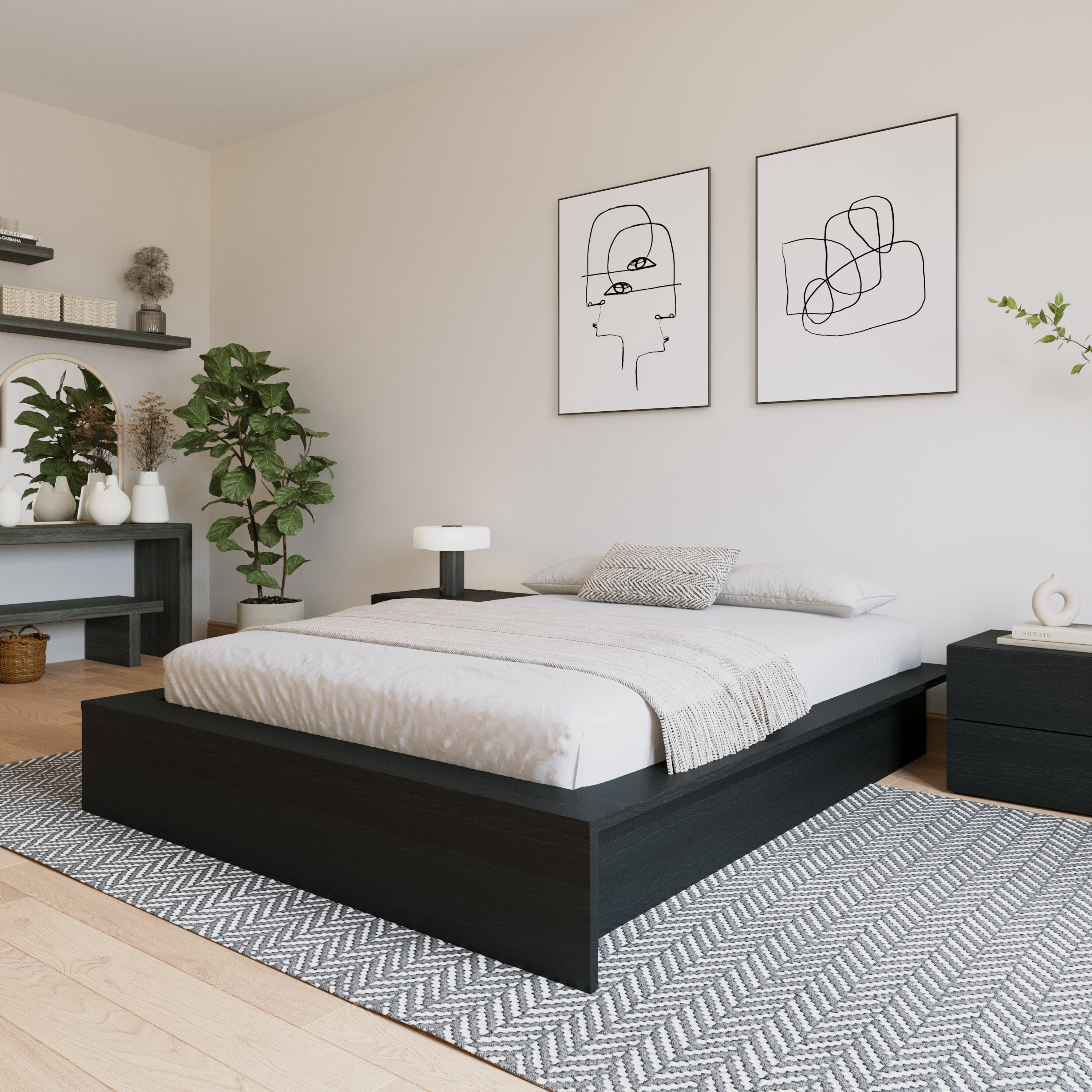 Nexera James Queen Size Platform Wood Bed Frame, Black Oak