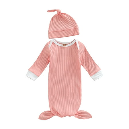 

Musuos Baby Sleeping Gown Hat Set Color Contrast Round Neck Long Sleeve Rib Tie Up Hem Swaddle Elastic Headwear Cap