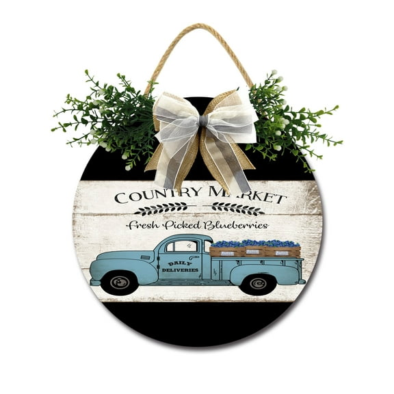 Front Door Porch Decorations Country Market Door Hanging Sign 12 inch Wooden Wall Sign, Rustic Holiday Wreath Decor for Front Door Porch Home Window Wall Farmhouse Decorations