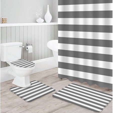 ZHANZZK Stripe 4 Piece Bathroom Set Shower Curtain Bath Rug Contour Mat and Toilet Lid Cover