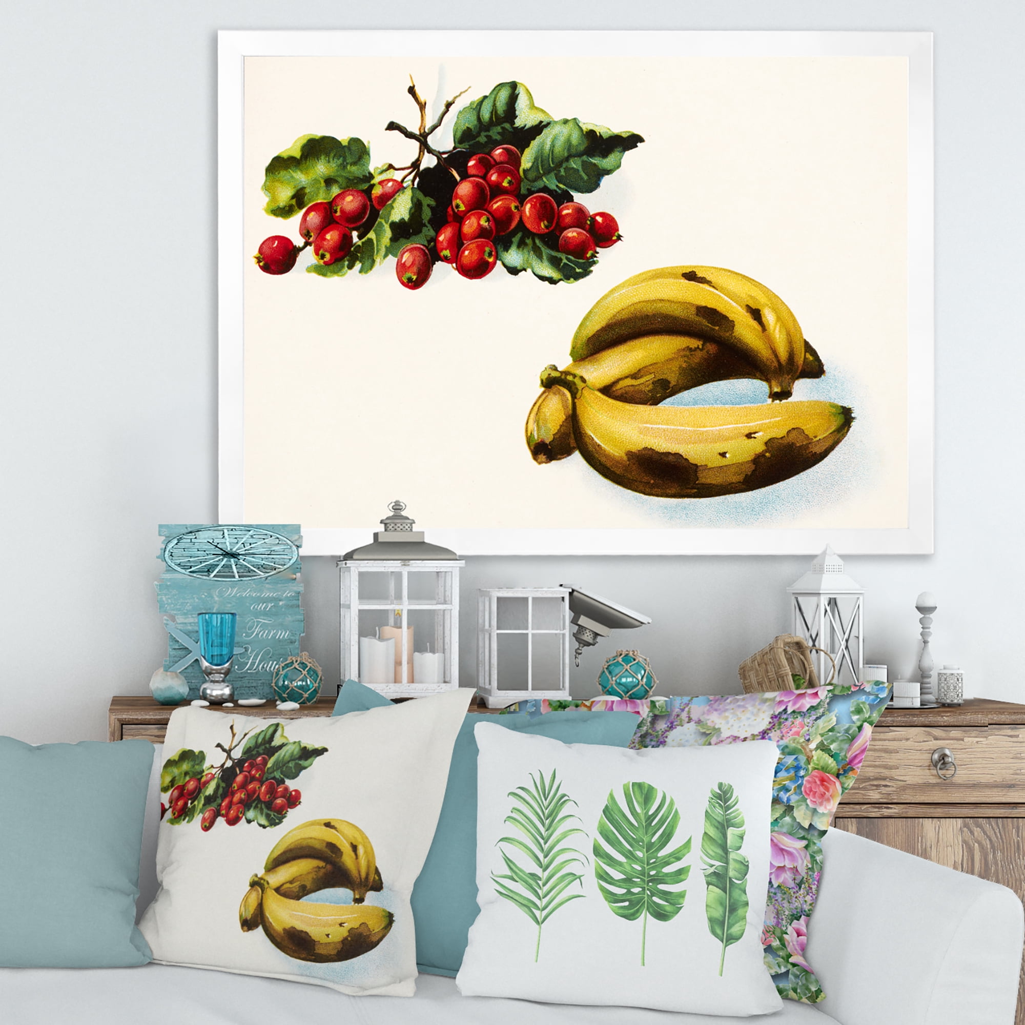 Designart 'Red Berries and Banana' Farmhouse Framed Art Print