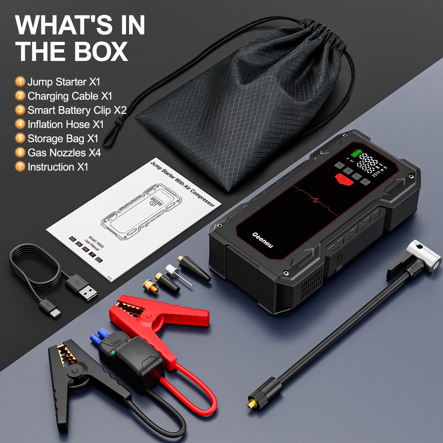 Geeneu Car Jump Starter,6000A Peak 12V Battery Jumper Pack for 7.5L Gas and Up to 6.0L Diesel Engine,Portable Battery Booster Box with USB Quick Charge and Type C Supersafe