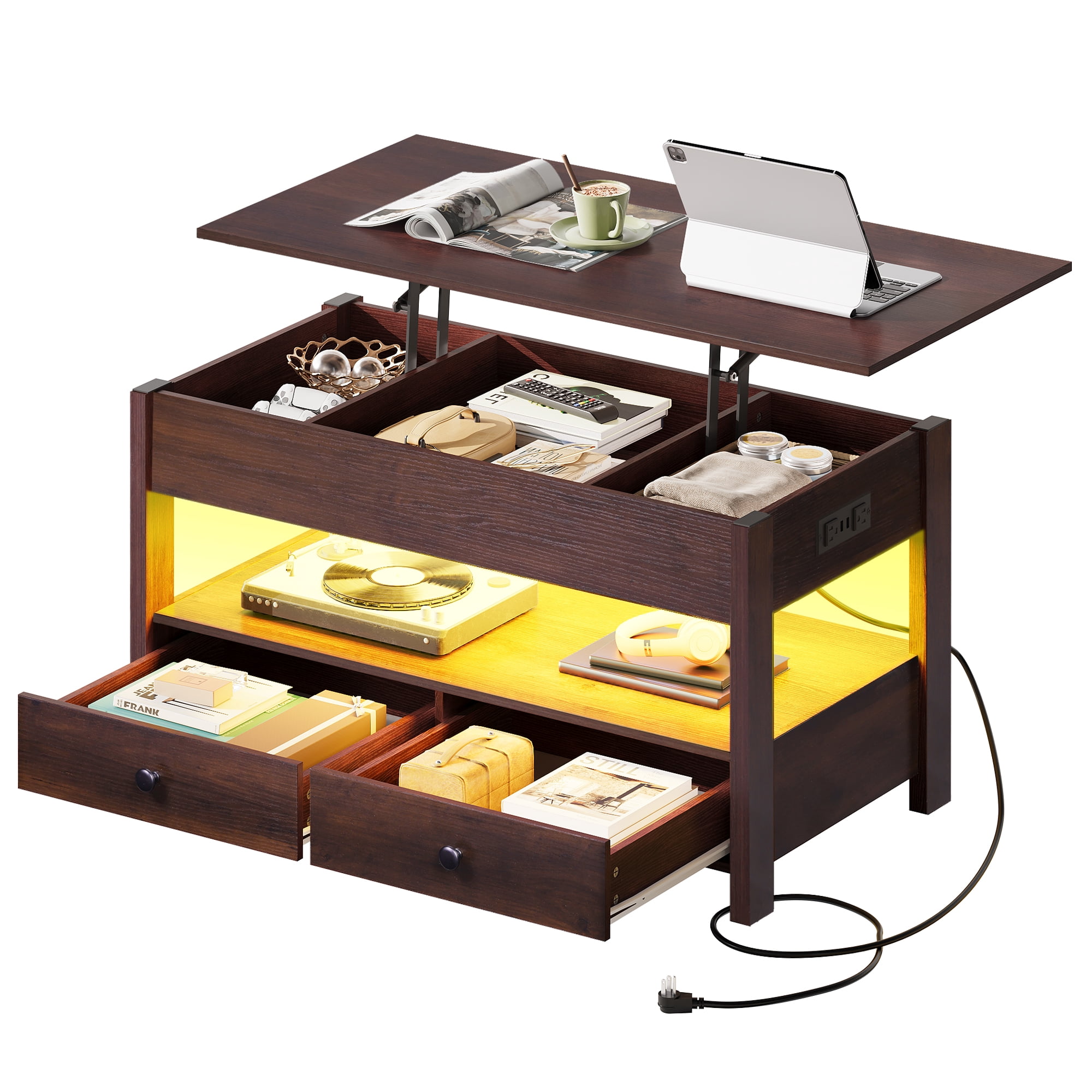 GALAXHERO Lift Top Coffee Table for Living Room Table with 2 Drawers & LED Light & Large Storage and Open Shelf Espresso