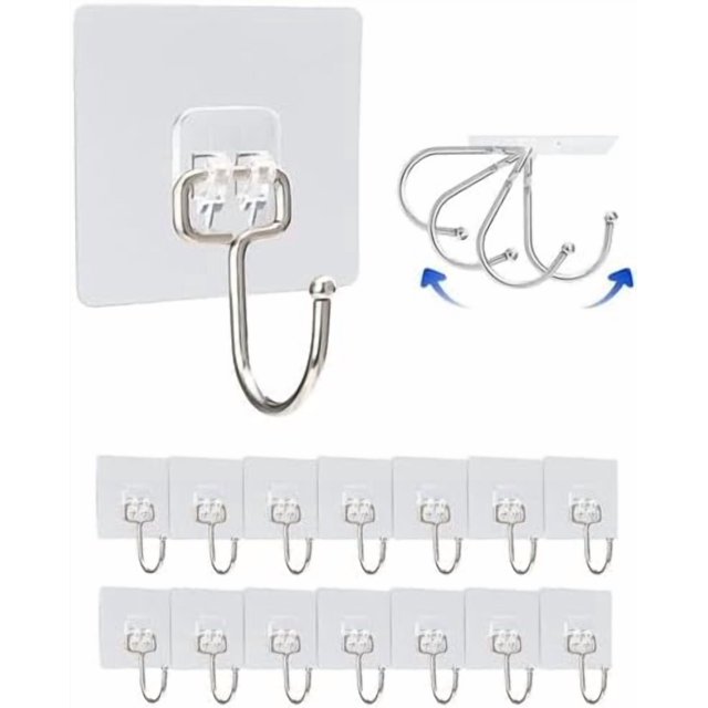 JRGTDS Grands Crochets Adhésifs, Lot de 15, Transparents, PVC, Adhésif, Acier Inoxydable, Résistant à la Rouille, Installation Facile, Moderne, Minimaliste, Poids Max 35 lbs, Cloison Sèche, Carrelage, Verre, Crochets de Rangement