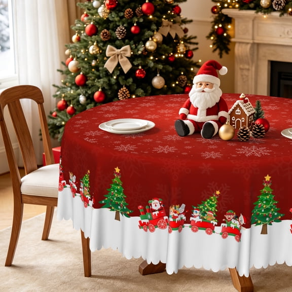 Nanqianyi Red Merry Christmas Round Tablecloth 70 Inch, Winter Snowflake Xmas Tree Small Trains Washable Table Cover for Kitchen Dining Party