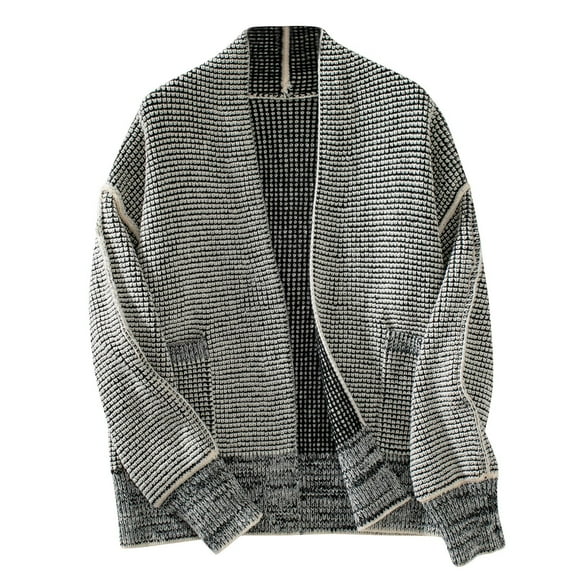 Womens Plaid Short Cardigan Oversized Long Sleeve Open Front Sweaters Casual Loose Knit Coats with Pockets (Beige M)