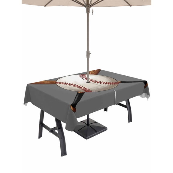 Outdoor Tablecloth with Umbrella Hole, Gray Baseball Spillproof Waterproof Outdoor Table Cover, Modern Sport Games Watercolor Patio Tablecloths for Party Picnic Camping, Rectangle 60"x102"