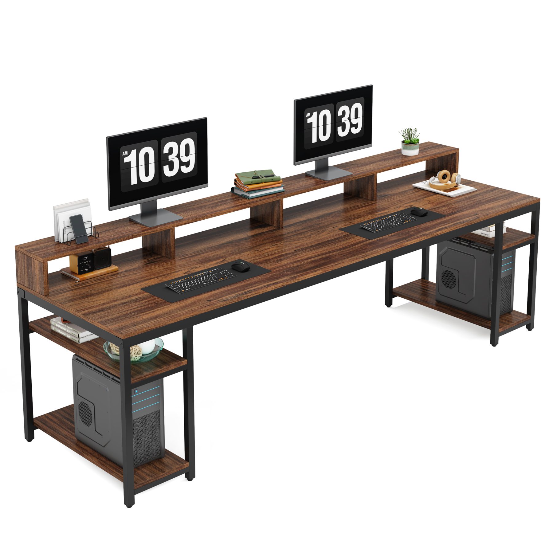 Fnova 78.74" Long Computer Desk with Monitor Stand and Storage Shelves, Industrial Home Office Writing Desk for 2, Brown