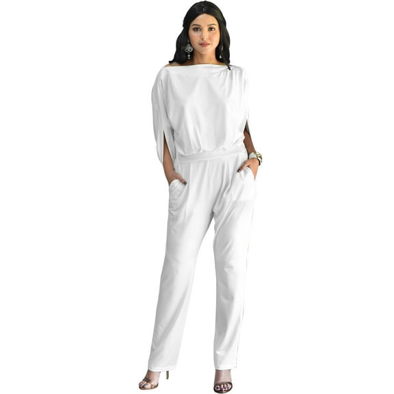 KOH KOH Long Pants Formal Cocktail Evening One Piece Fall Pockets Dressy Jumpsuit Romper Suit Casual Outfit Playsuit Tall 3/4 Short Sleeve For Women Ivory White Small US 4-6 NT118