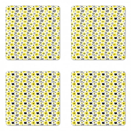 

Floral Coaster Set of 4 Bicolour Spring Pattern with Abstract Flowers Square Hardboard Gloss Coasters Standard Size Yellow Indigo by Ambesonne
