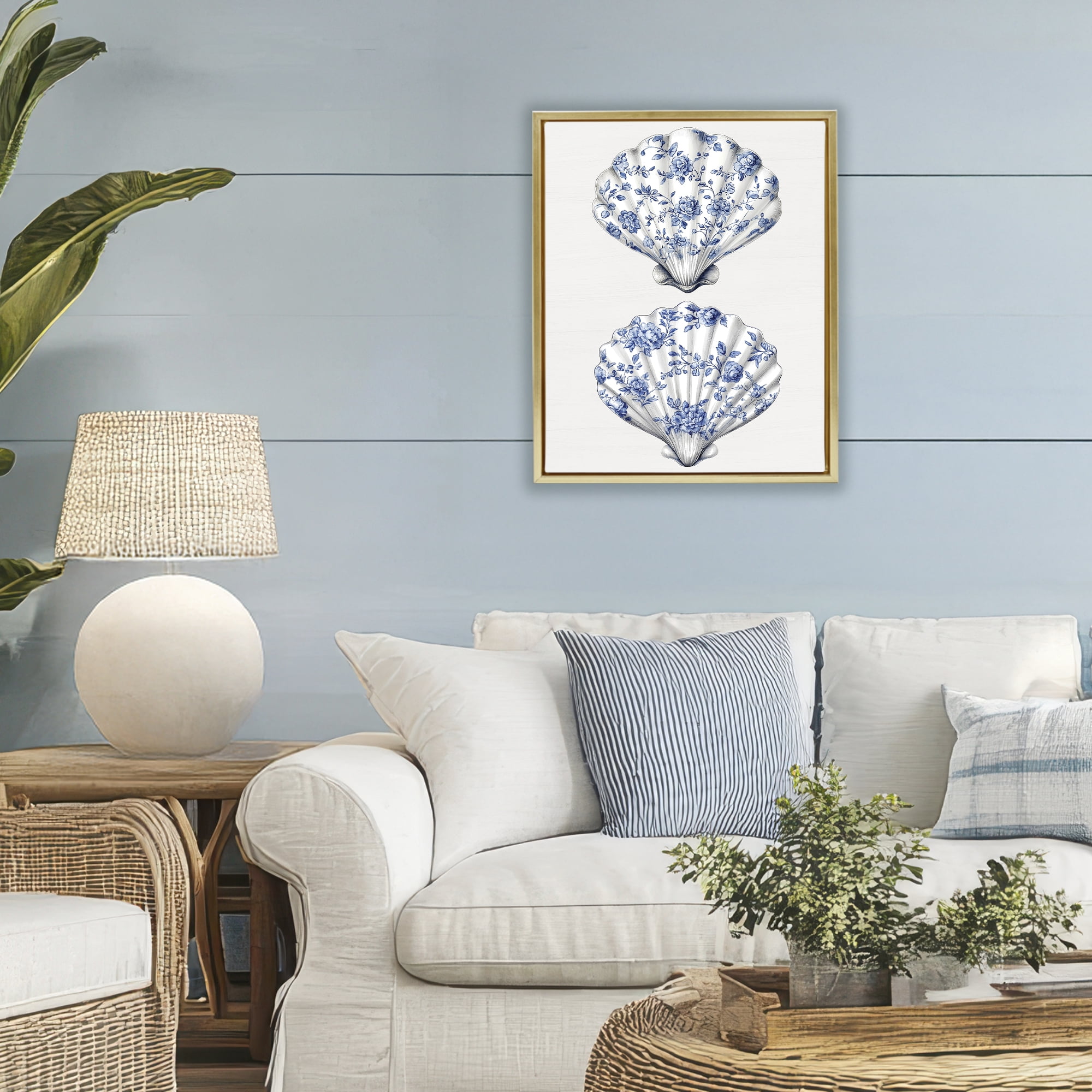 Delicate Toile Seashells Gold Framed Floater Canvas Wall Art, design by Lettered and Lined