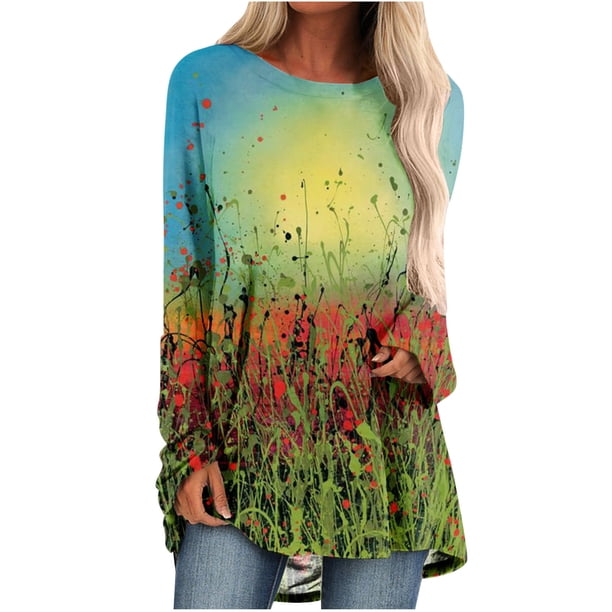 Mujeres moda casual manga larga cuello redondo tops blusa suelta camisas impresas Fridja czfsfas3417