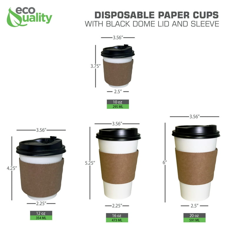 [1000 Pack] 10oz Disposable White Paper Coffee Cups with Black Dome Lids and Protective Corrugated Cup Sleeves - Perfect Disposable Travel Mug for