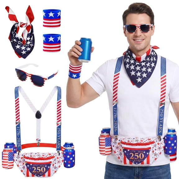 Kicpot 9 Pcs 4th of July Fanny Pack America Flag Patriotic Beer Belt Set with Suspenders Drink Holder Flag Headband Wristband Sunglasses for Independence Day