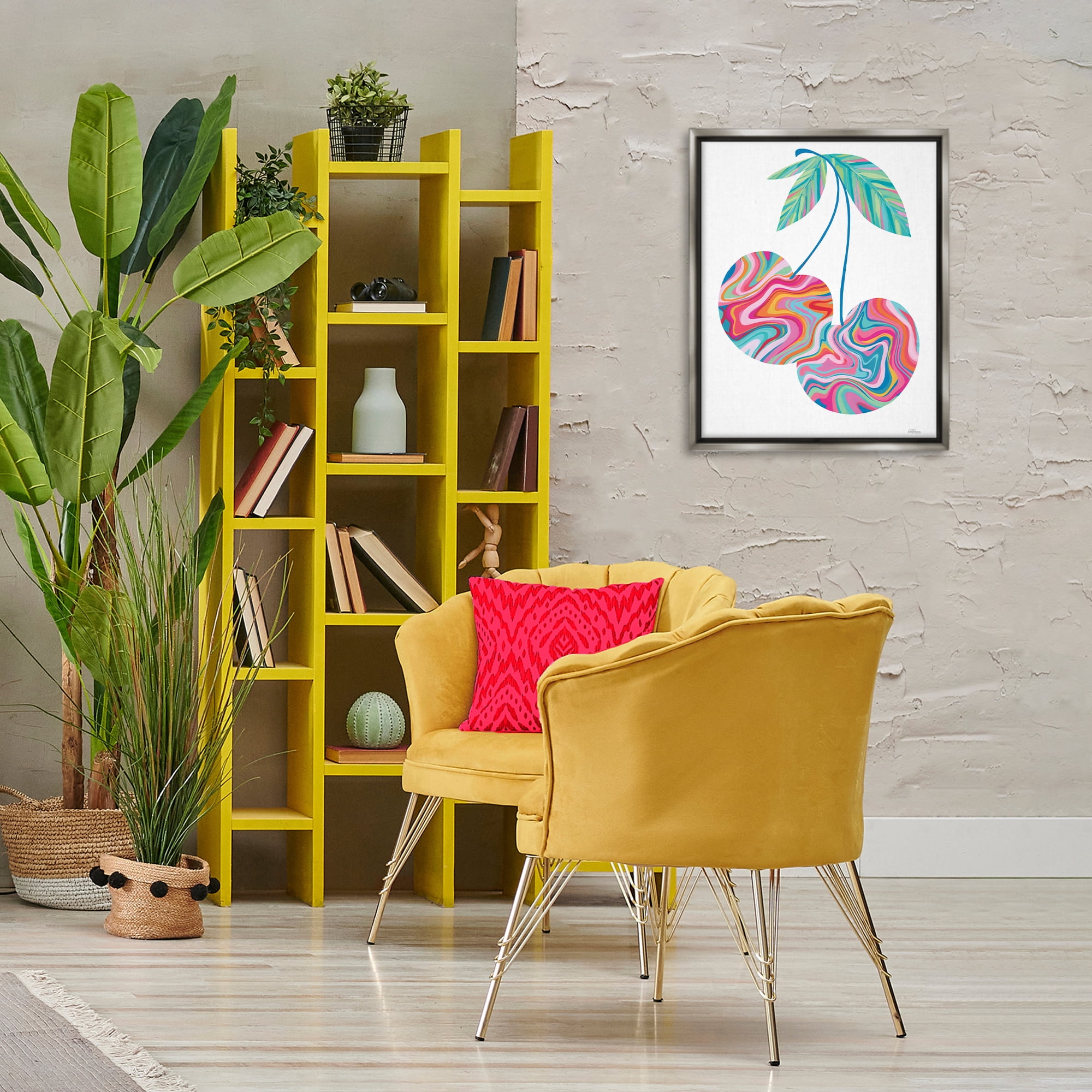 Stupell Industries Groovy Waves Cherries Food & Beverage Painting Gray Floater Framed Art Print Wall Art, 17 x 21