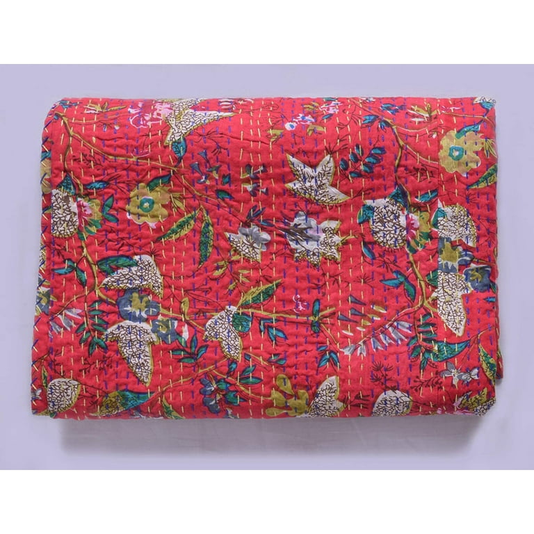 Red Floral Print Kantha Quilt King Quilt Inidan Bedspread Kantha Blanket Indian Quilt Cotton Quilt Twin Kantha Bed Cover Queen Quilt