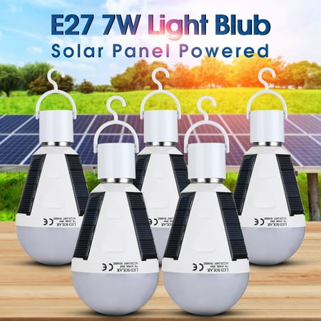 5Pcs E27 20 LED 7W Solar Panel Powered Bulb Light Portable Outdoor Garden Camping Tent Hanging Lamp Emergency Night