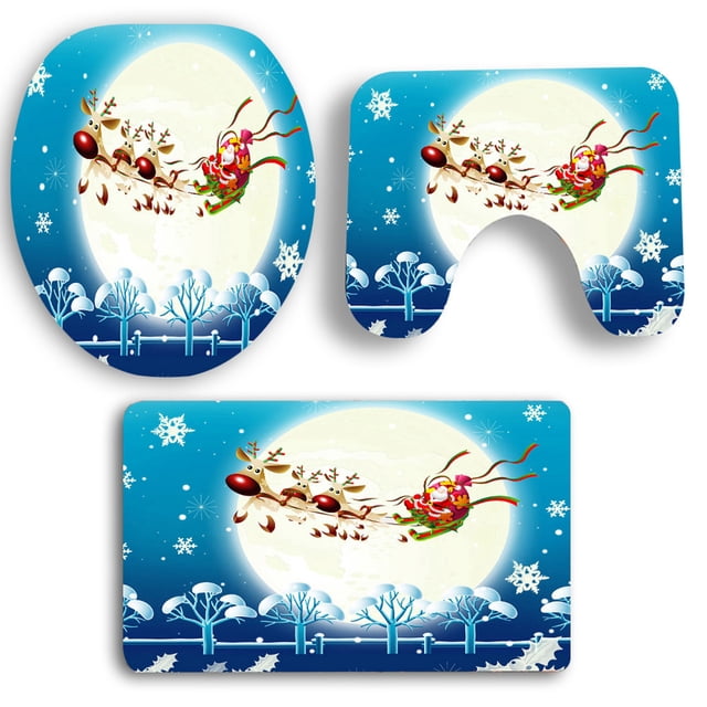 5PCS Christmas Bath Mat Set Colorful Printing Non Slip Bathroom Rug with Contour Rug & Lid Toilet Cover