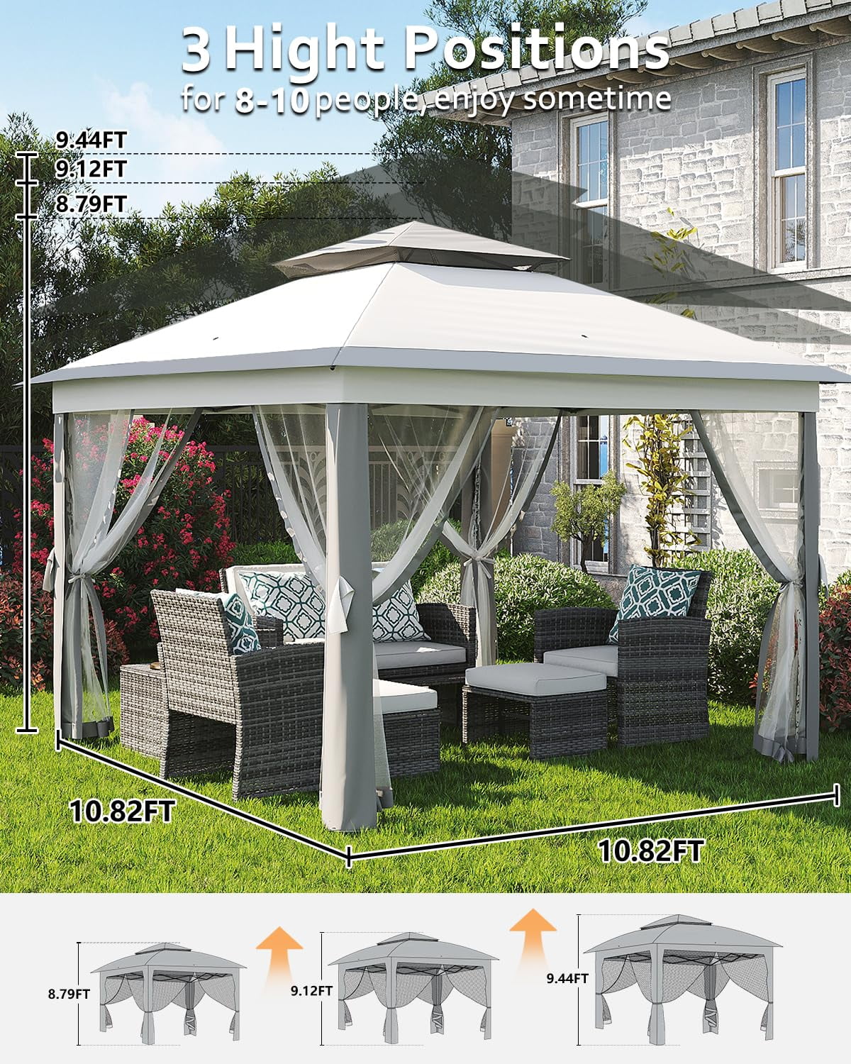 11x11ft Heavy Duty Pop Up Outdoor Gazebo Tent – Double Roof, Mosquito Netting, Water & UV Resistant, Sturdy Metal Frame, Easy Setup – Patio, Garden, Backyard, Deck