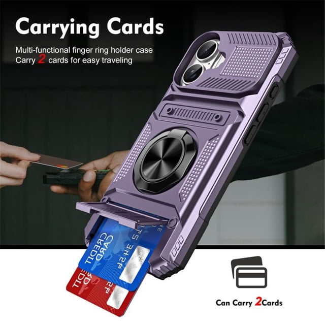 For Apple iPhone 16 Plus Phone Case with Finger Ring Holder Kickstand, Card Slots,Heavy Duty Shockproof Rugged Protective Working with Magnetic Car Phone Mount,Purple,For iPhone 16 Plus