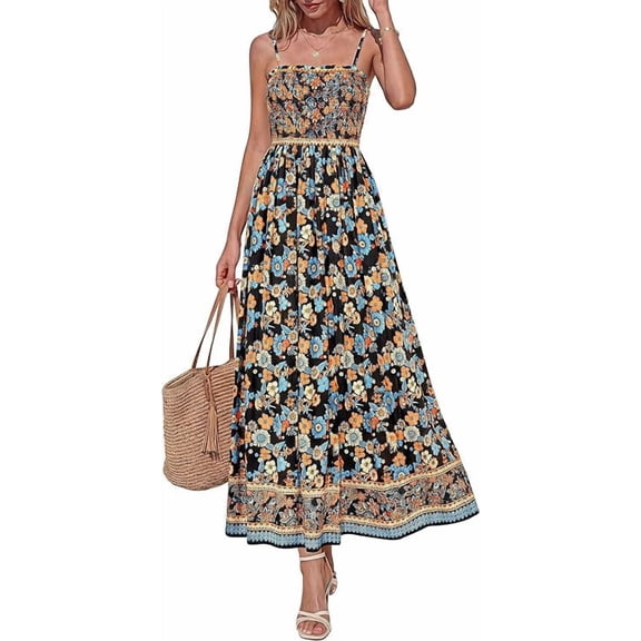 PRETTYGARDEN Womens Floral Maxi Dress Boho Casual Summer Spaghetti Strap Smocked Sleeveless Flowy Beach Vacation Dresses
