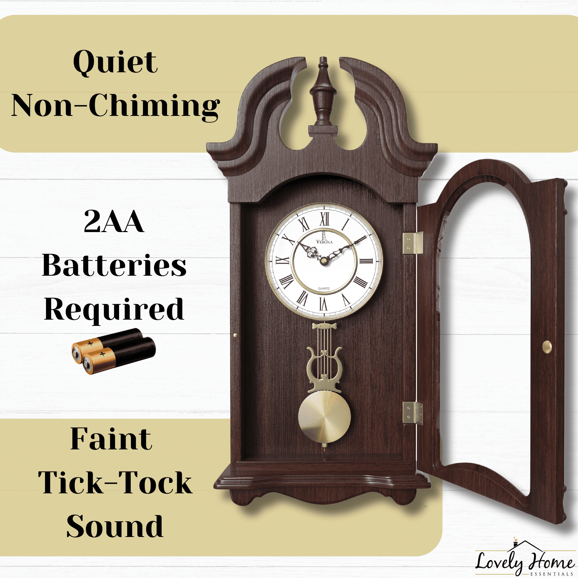 Pendulum Wall Clock, Silent Decorative Wood Pendulum Clock with Swinging Pendulum, Battery Operated, Dark Wooden Design, for Living Room, Dining Room, Kitchen, Office & Home Décor, 23.5x9.25 Inch