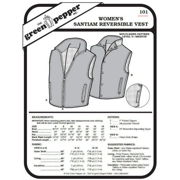 Women's Santiam Reversible Vest #101 Sewing Pattern (Pattern Only)