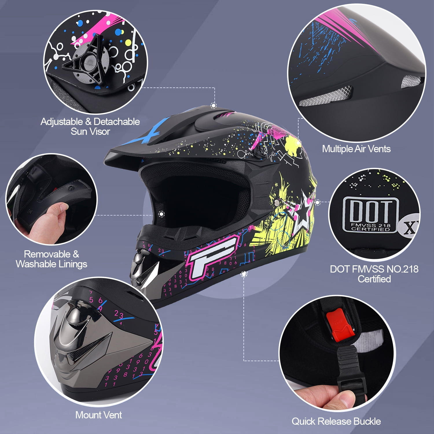 XiongXiong Dirt Bike Helmet DOT Certified, Full Face Motorcycle Helmet w/ Goggles, Gloves, Mask, for Off-Road, ATV, Sun Visor Snowmobile, Multicolor, L