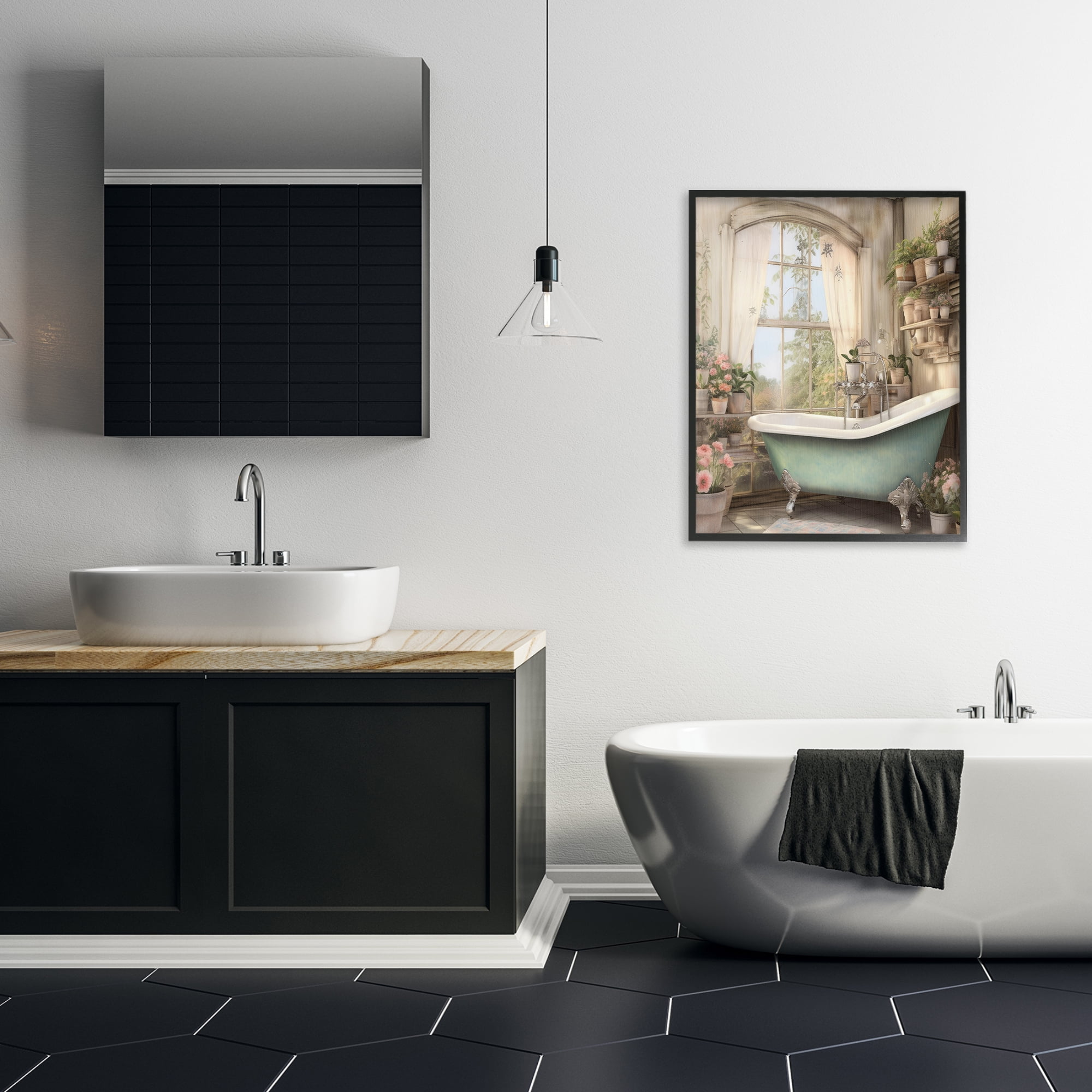 Bathroom with Floral Filled Shelves Black Framed Giclee Art, design by Lettered and Lined