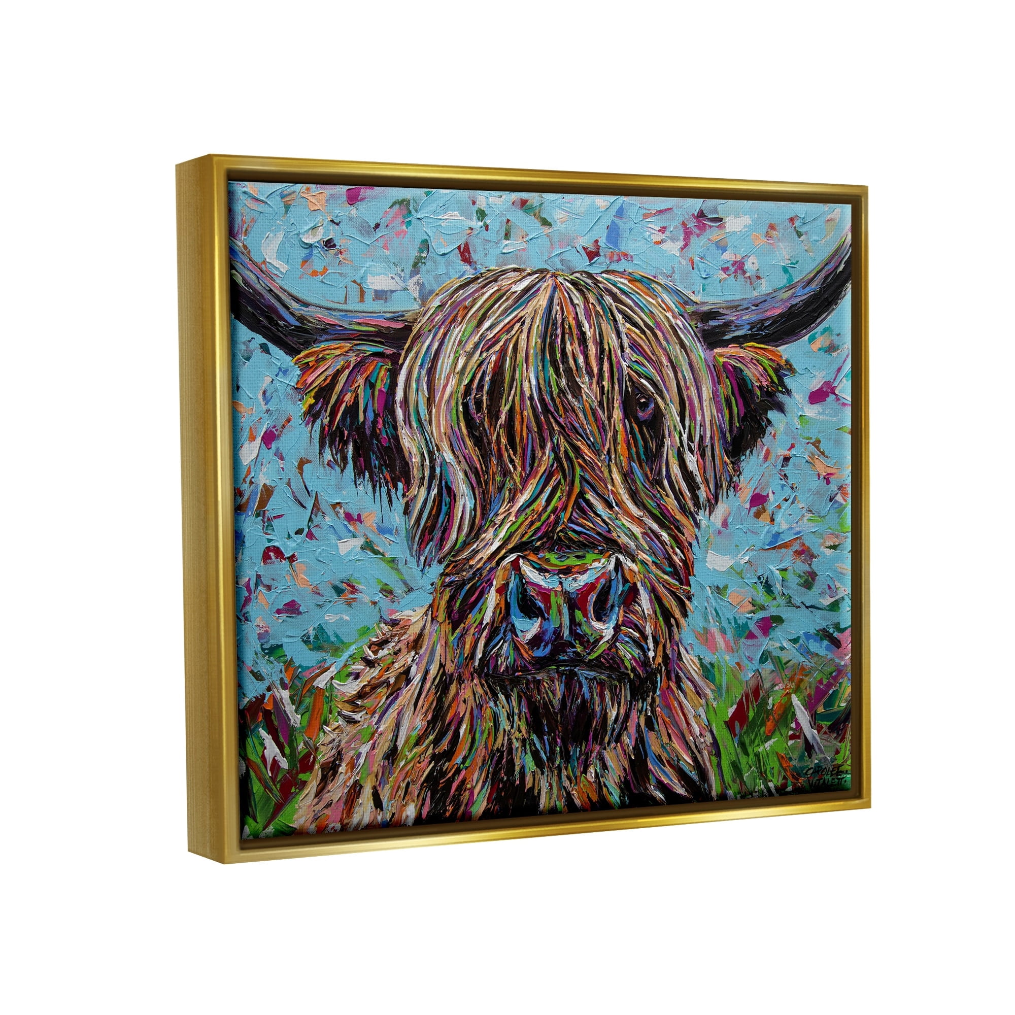 Stupell Industries Highland Cattle Cow Layered Flecked Abstract Portrait Painting Metallic Gold Floating Framed Canvas Print Wall Art, Design by Carolee Vitaletti