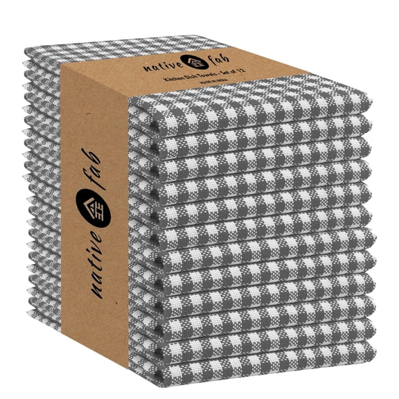 Native Fab Mini Checks Kitchen Towel, Set of 12, Cotton, 15x25 Gray White