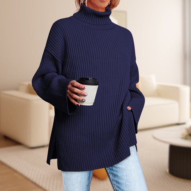 Suéter Suéteres de manga larga para mujer Suéter de punto acanalado acogedor Suéter elegante Prendas de abrigo Cgtredaw Azul Marino L para Mujer