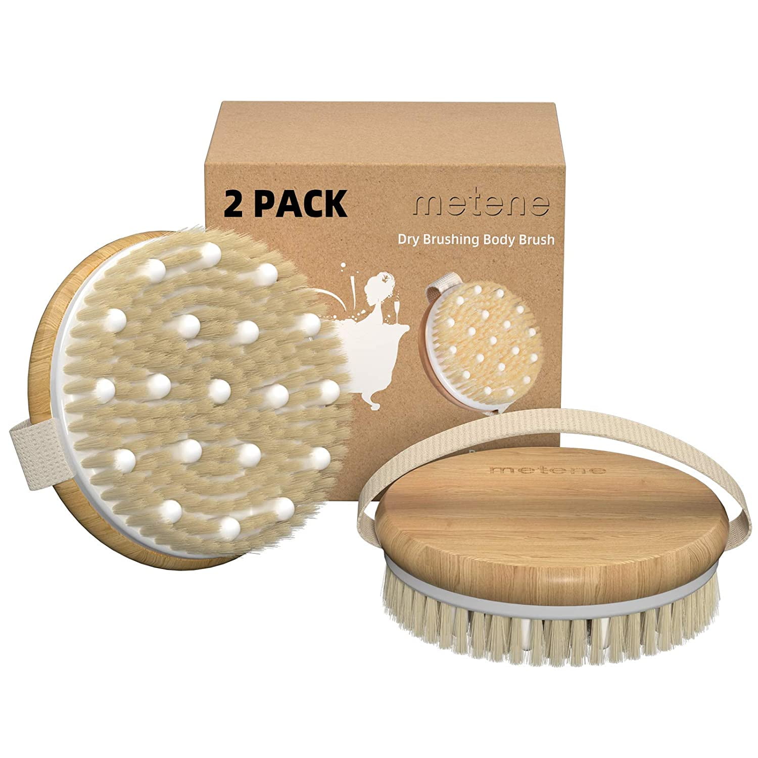 Metene 2 Pack Shower Body Brush, Exfoliating Bath Scrub Brush with Massage Nodes for Wet or Dry Brushing