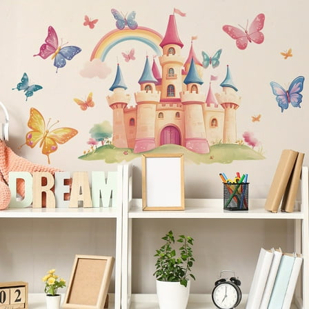 Rainbow Castle Wall Decals Unicorn Rainbow wall sticker Butterfly Clouds Wall Stickers DIY Peel and Stick Girls Bedroom Baby Nursery Daycare Wall Decor