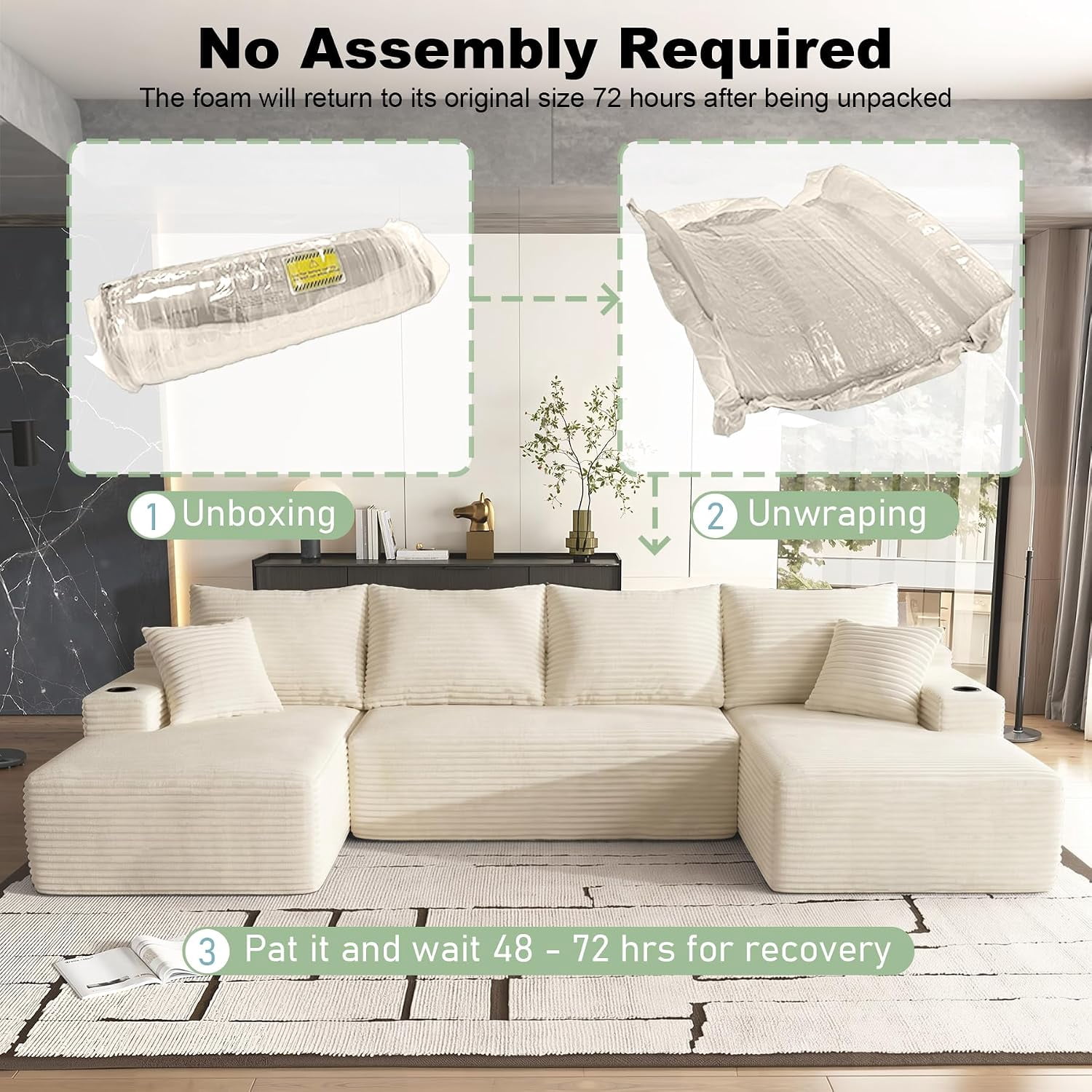 134" Compressible U Shaped Modular Sectional Sofa Set, Minimalist Corduroy Cloud Couch for Living Room, No Assembly Required