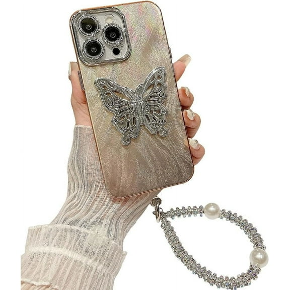Designed for iPhone Case,Luxury Electroplated Feather Butterfly Pattern with Hand Bracelet Shockproof Protective Cover Phone Case (iPhone 15 Pro Max,Gold)